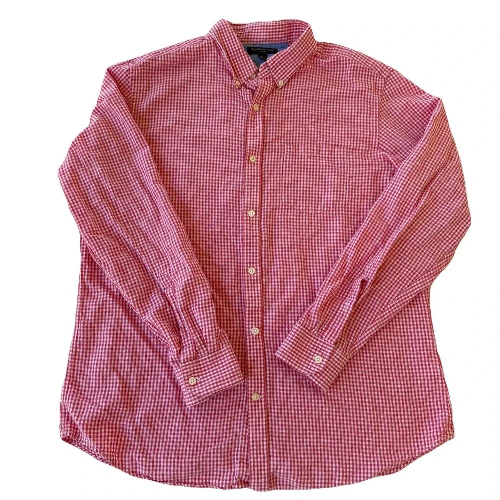 Banana Republic Slim Fit Button Down Shirt Mens XL Red Pink Check‎ Linen Blend